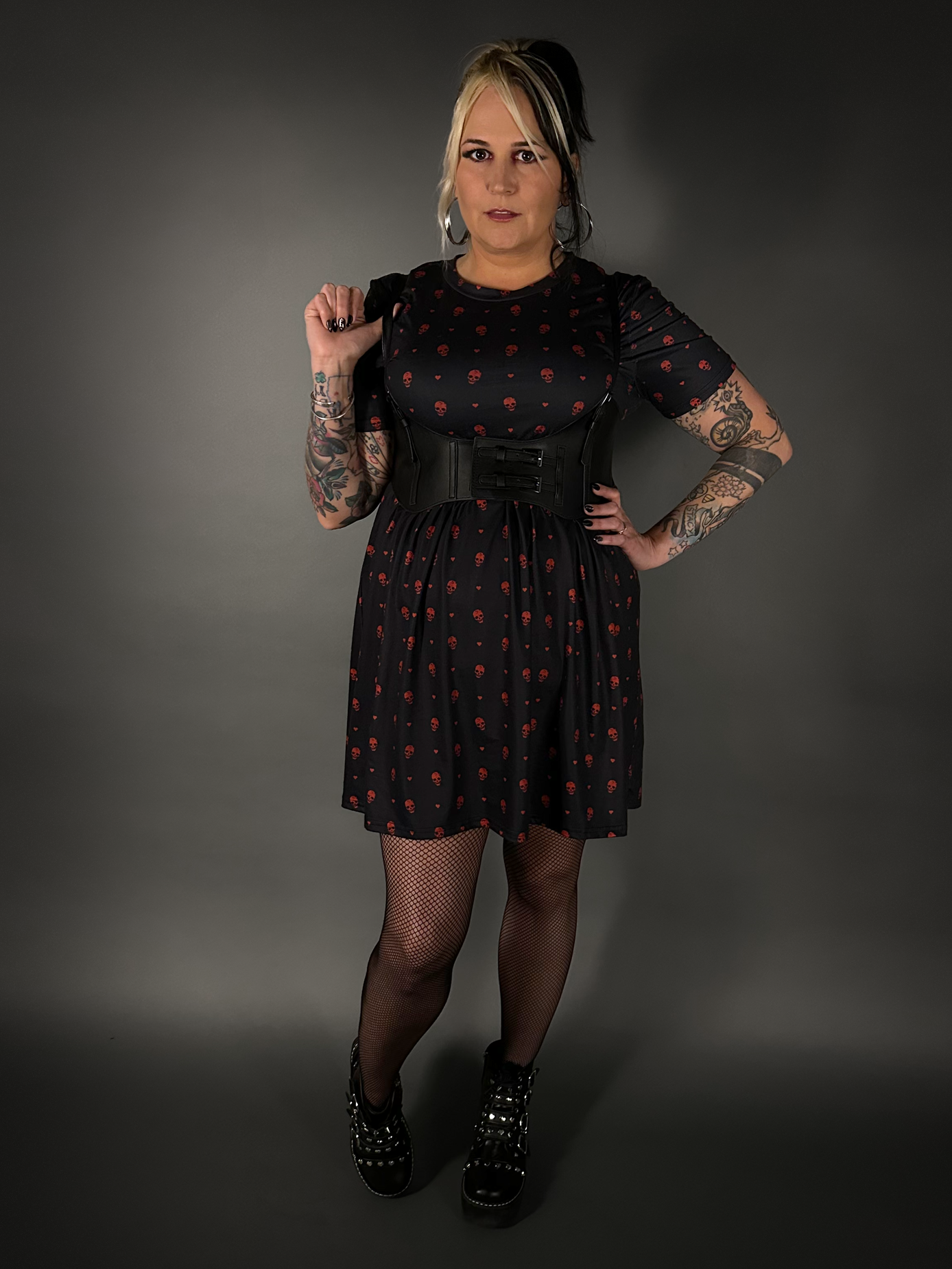 Outfit Set - Tommyrot "Hearts & Skulls" Skater Dress & Underbust Harness Corset Belt