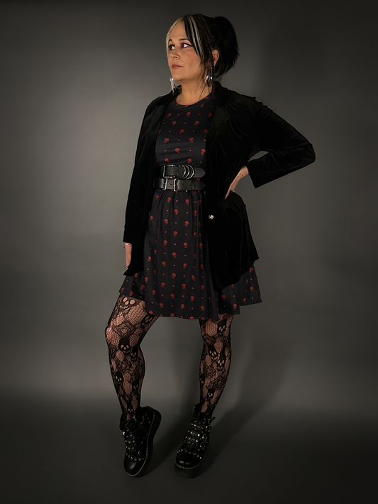 Outfit Set - Tommyrot "Hearts & Skulls" Skater Dress & Vintage Style Velvet Blazer in Black