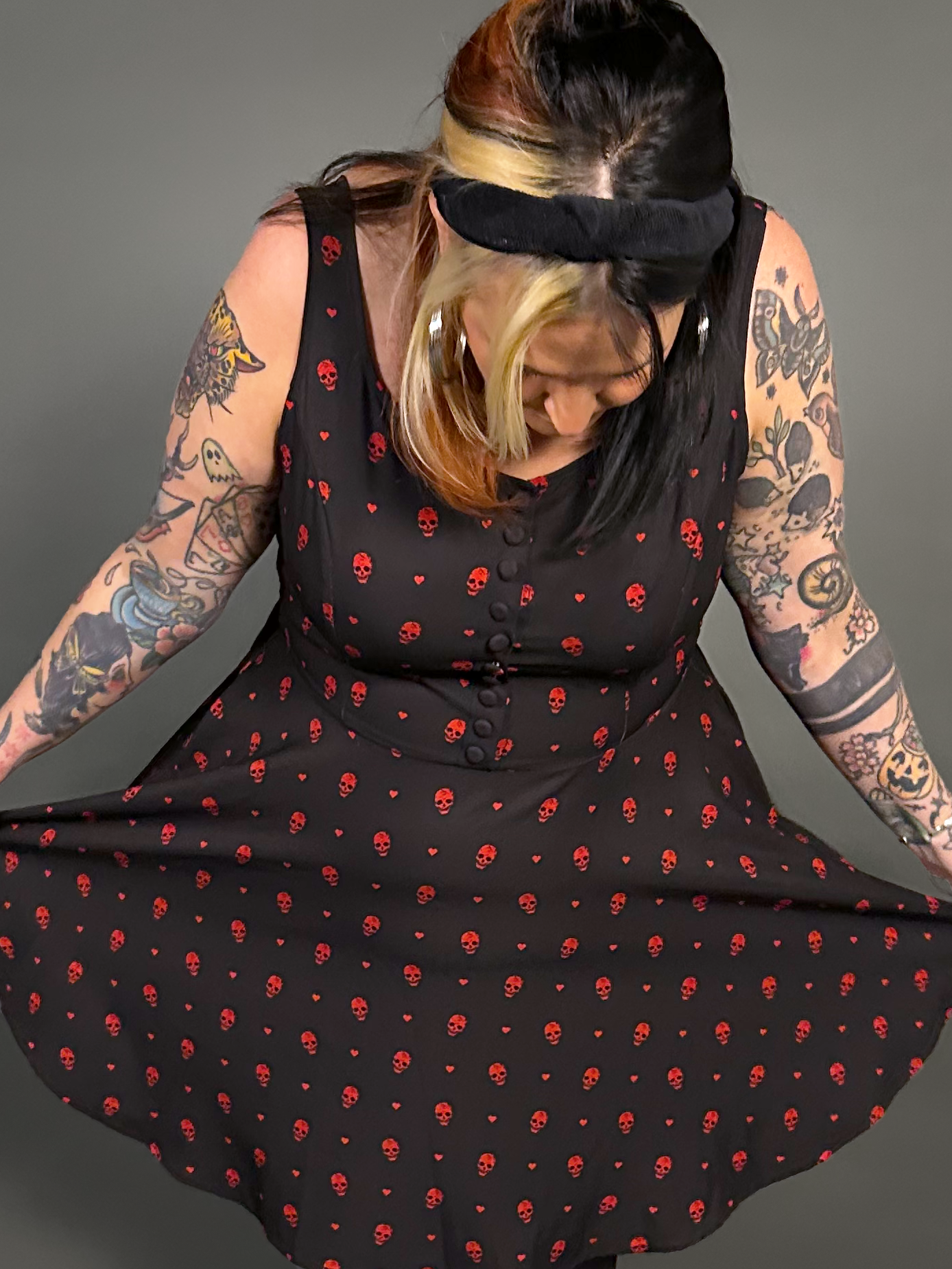 Outfit Set - Tommyrot "Hearts & Skulls" Sleeveless Mini Swing Dress & Black Tights by Pamela Mann