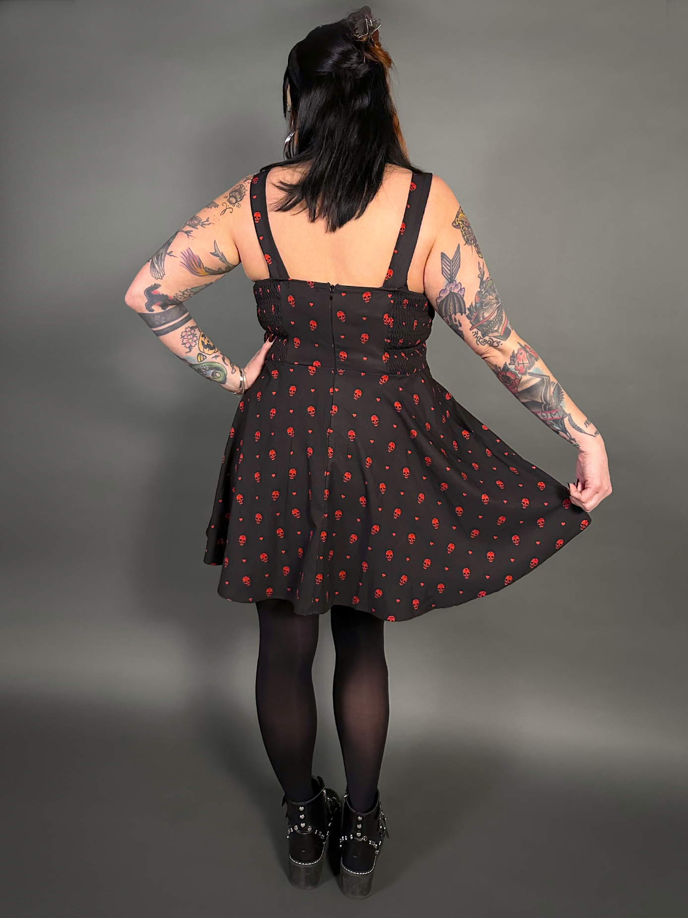 Outfit Set - Tommyrot "Hearts & Skulls" Sleeveless Mini Swing Dress & Black Tights by Pamela Mann