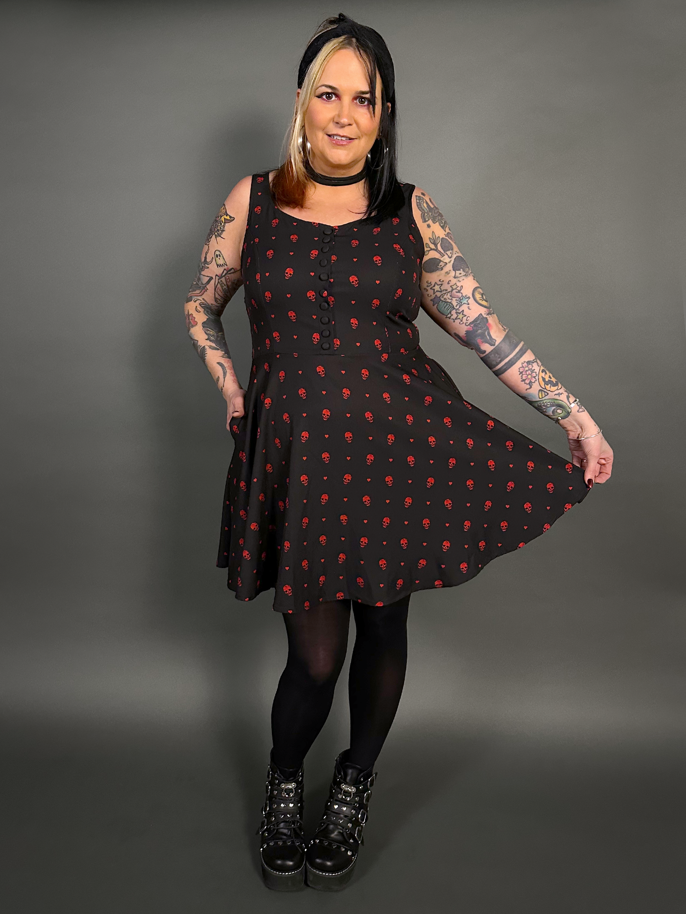 Outfit Set - Tommyrot "Hearts & Skulls" Sleeveless Mini Swing Dress & Black Tights by Pamela Mann
