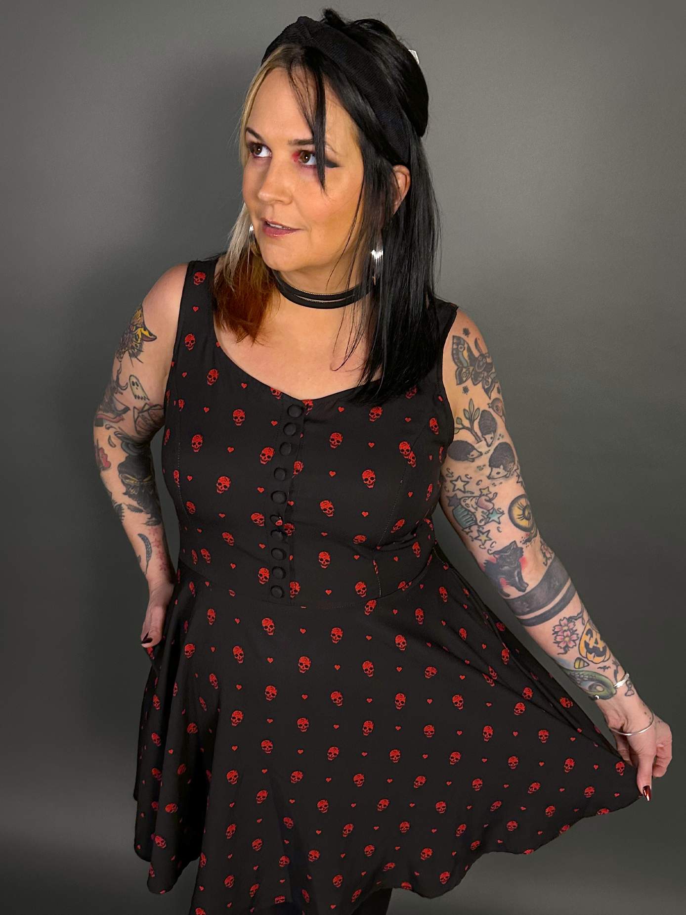 Outfit Set - Tommyrot "Hearts & Skulls" Sleeveless Mini Swing Dress & Black Tights by Pamela Mann