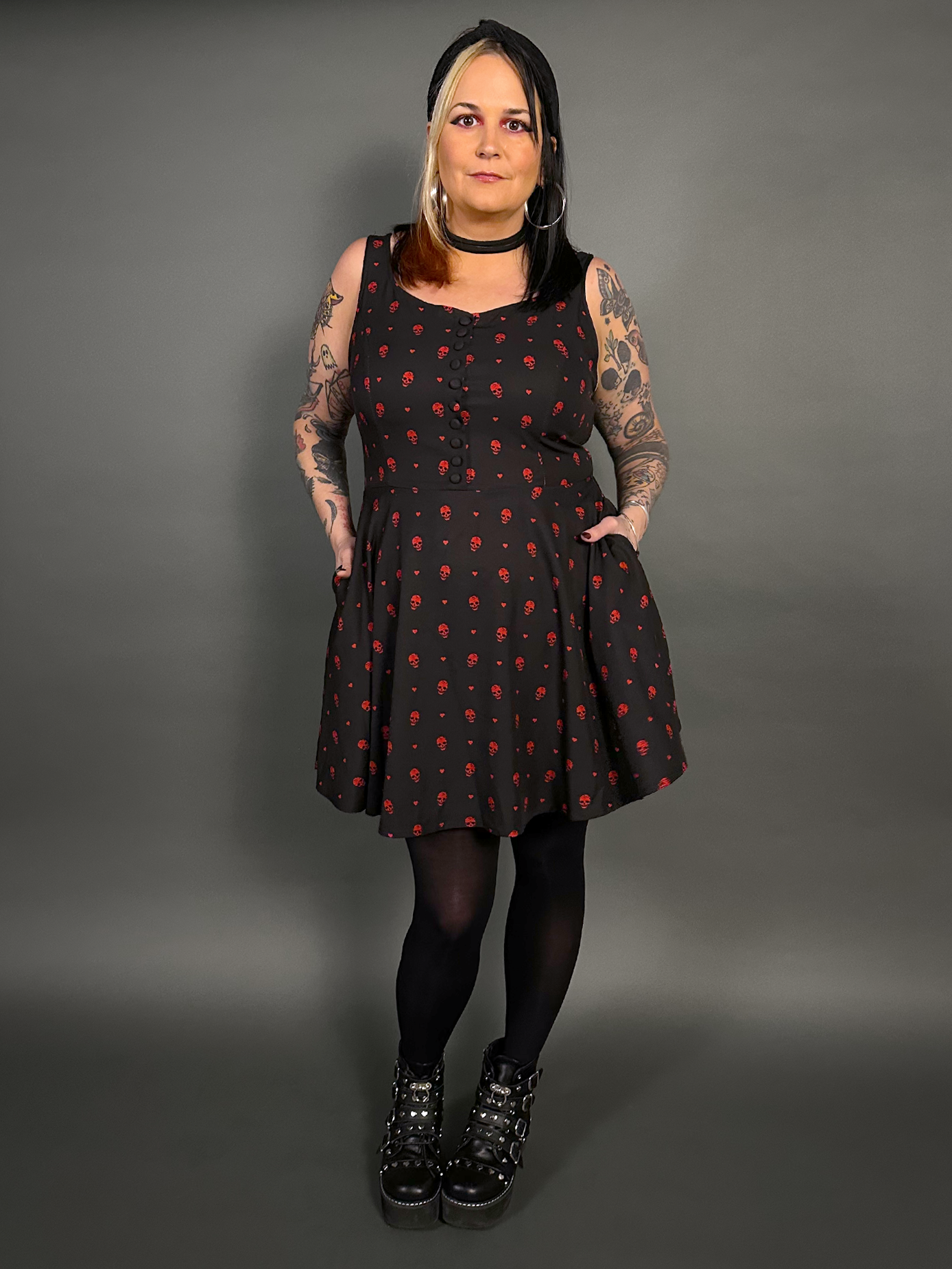 Outfit Set - Tommyrot "Hearts & Skulls" Sleeveless Mini Swing Dress & Black Tights by Pamela Mann