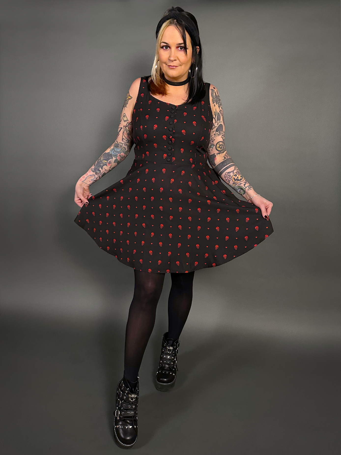 Outfit Set - Tommyrot "Hearts & Skulls" Sleeveless Mini Swing Dress & Black Tights by Pamela Mann