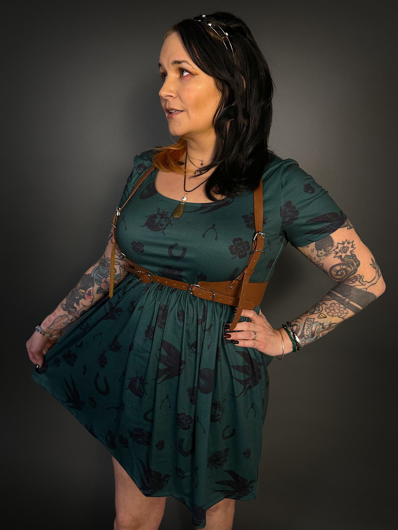 Outfit Set - Tommyrot "Lady Luck" Short Sleeve Skater Dress in Green & Classic Brown Harness Belt