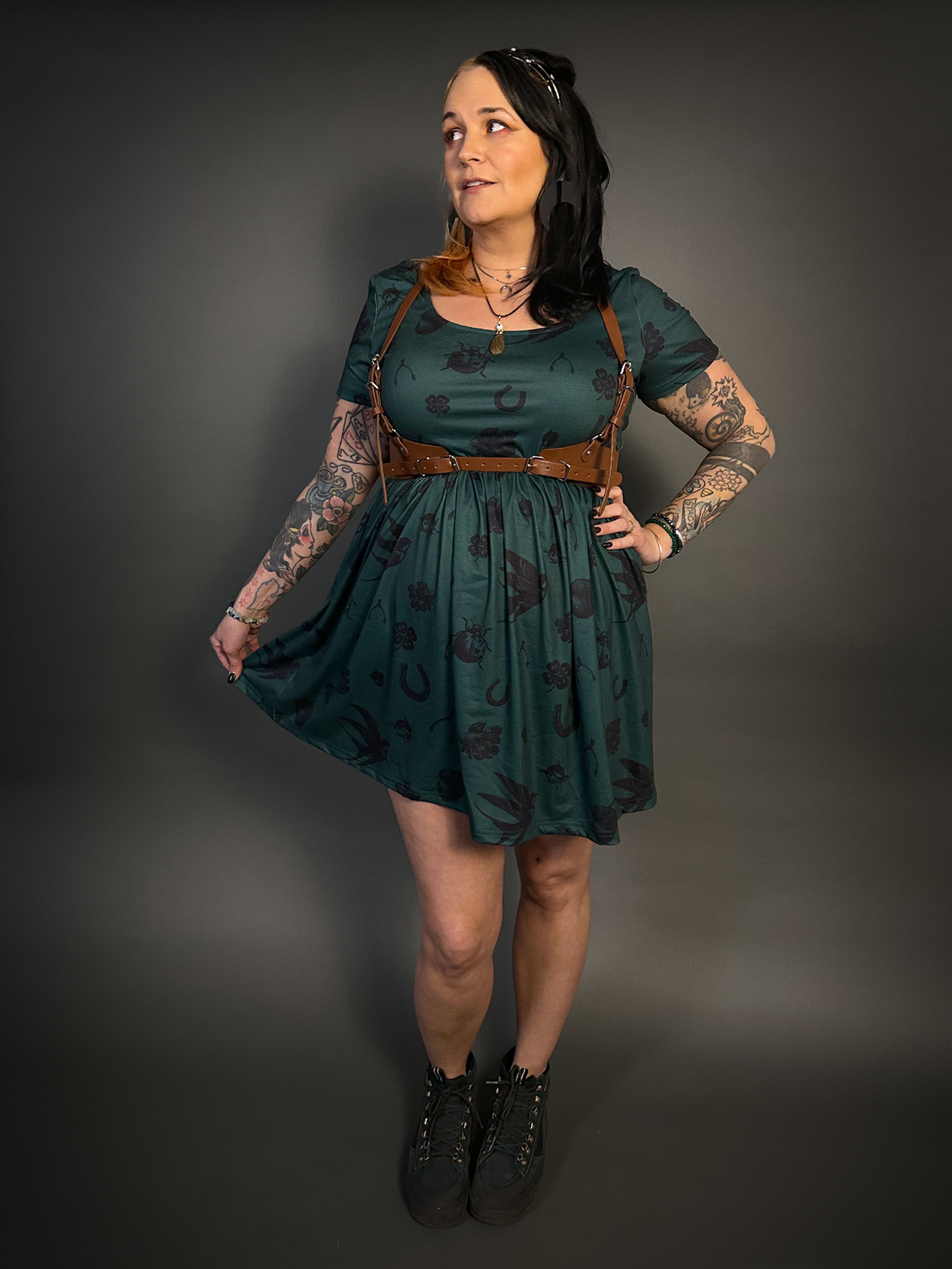 Outfit Set - Tommyrot "Lady Luck" Short Sleeve Skater Dress in Green & Classic Brown Harness Belt