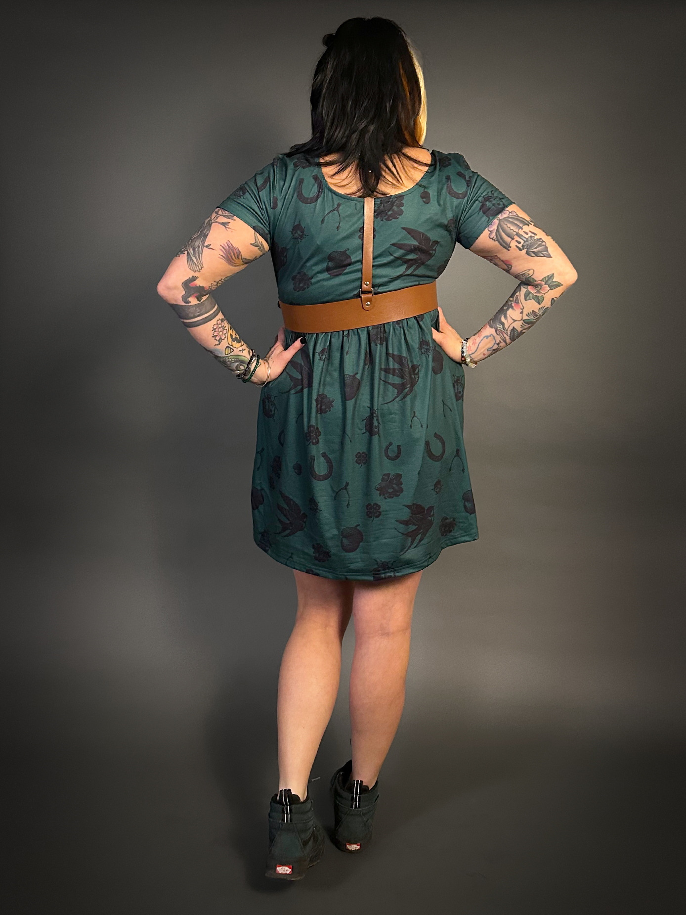 Outfit Set - Tommyrot "Lady Luck" Short Sleeve Skater Dress in Green & Classic Brown Harness Belt