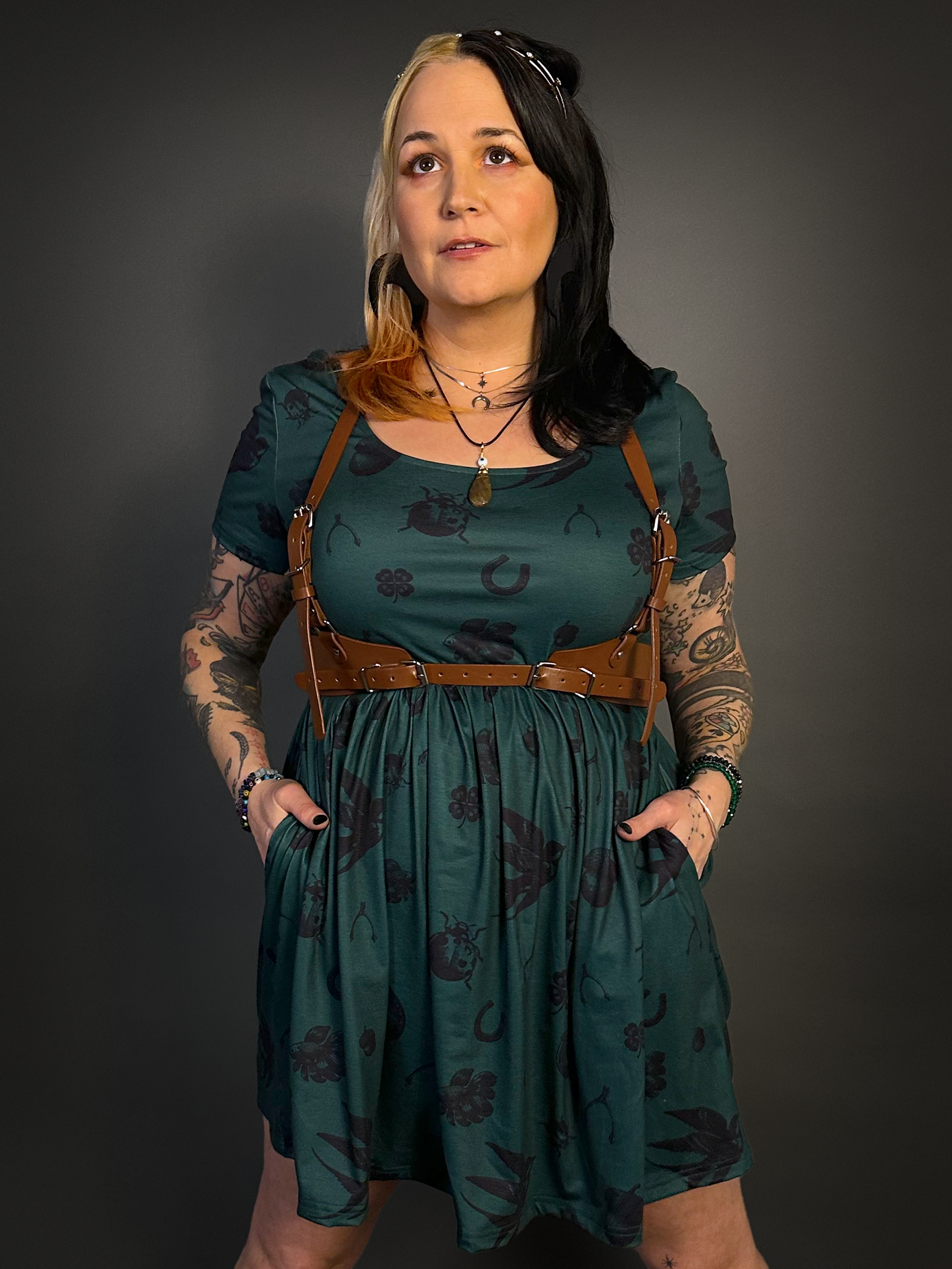 Outfit Set - Tommyrot Lady Luck Short Sleeve Skater Dress in Green & Classic Brown Harness Belt S / Large (Fits M-L / 31"-38" Underbust) / Green Outfit Set - Tommyrot Lady Luck Short Sleeve Skater Dress in Green & Classic Brown Harness Belt S / Large (Fits M-L / 31"-38" Underbust) / Green
