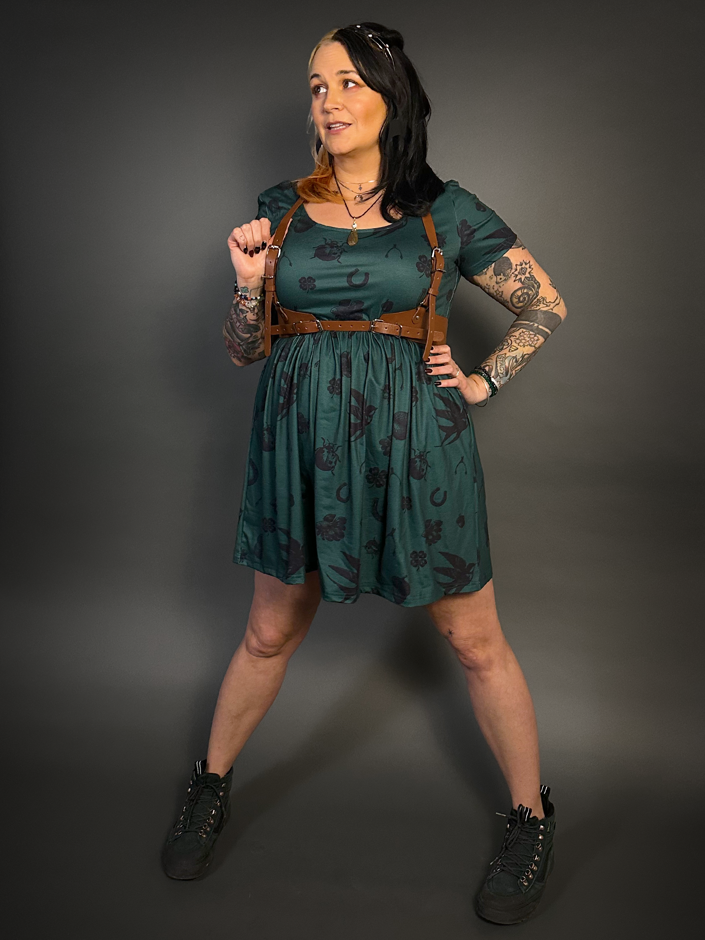 Outfit Set - Tommyrot "Lady Luck" Short Sleeve Skater Dress in Green & Classic Brown Harness Belt