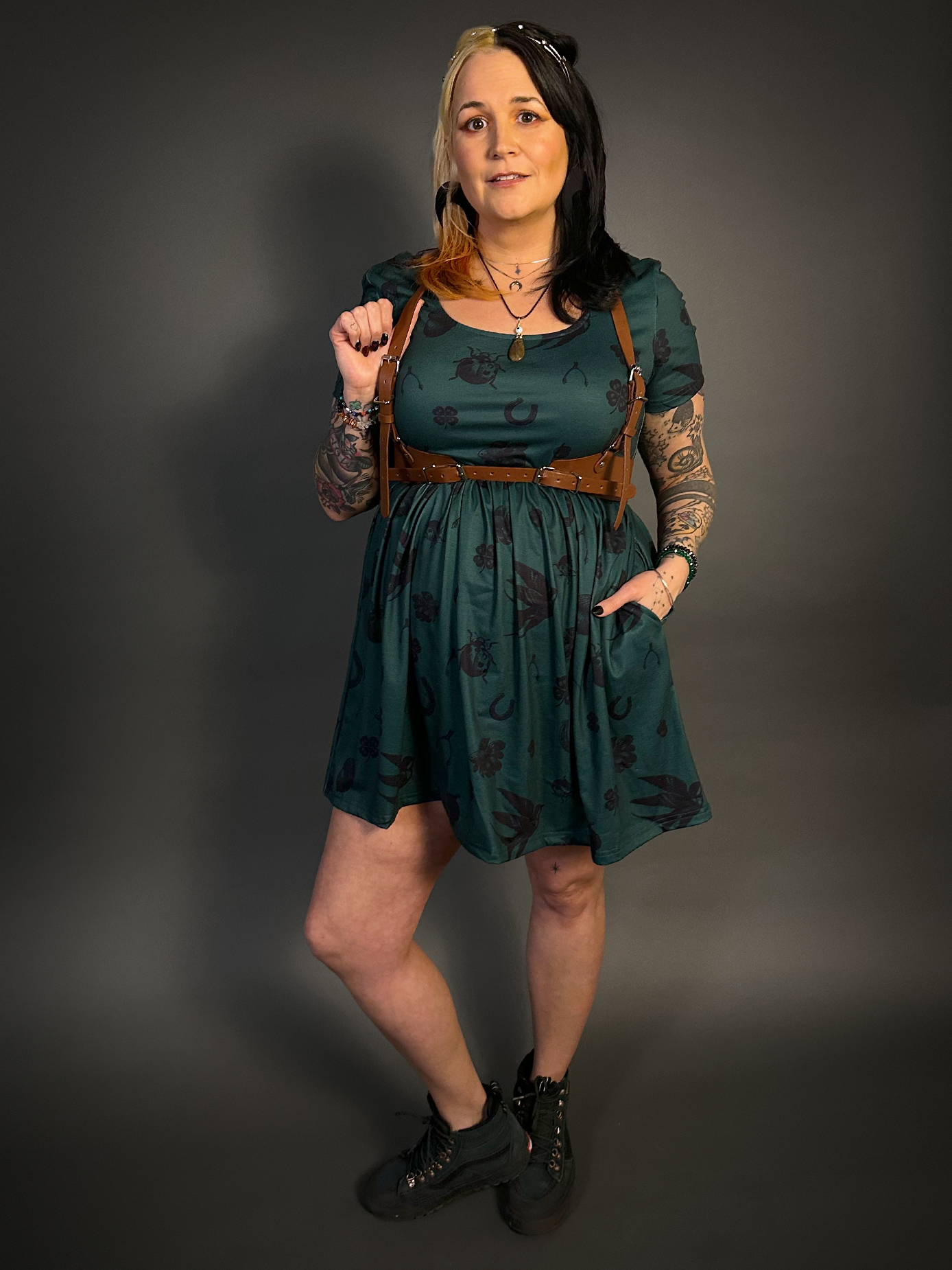 Outfit Set - Tommyrot "Lady Luck" Short Sleeve Skater Dress in Green & Classic Brown Harness Belt