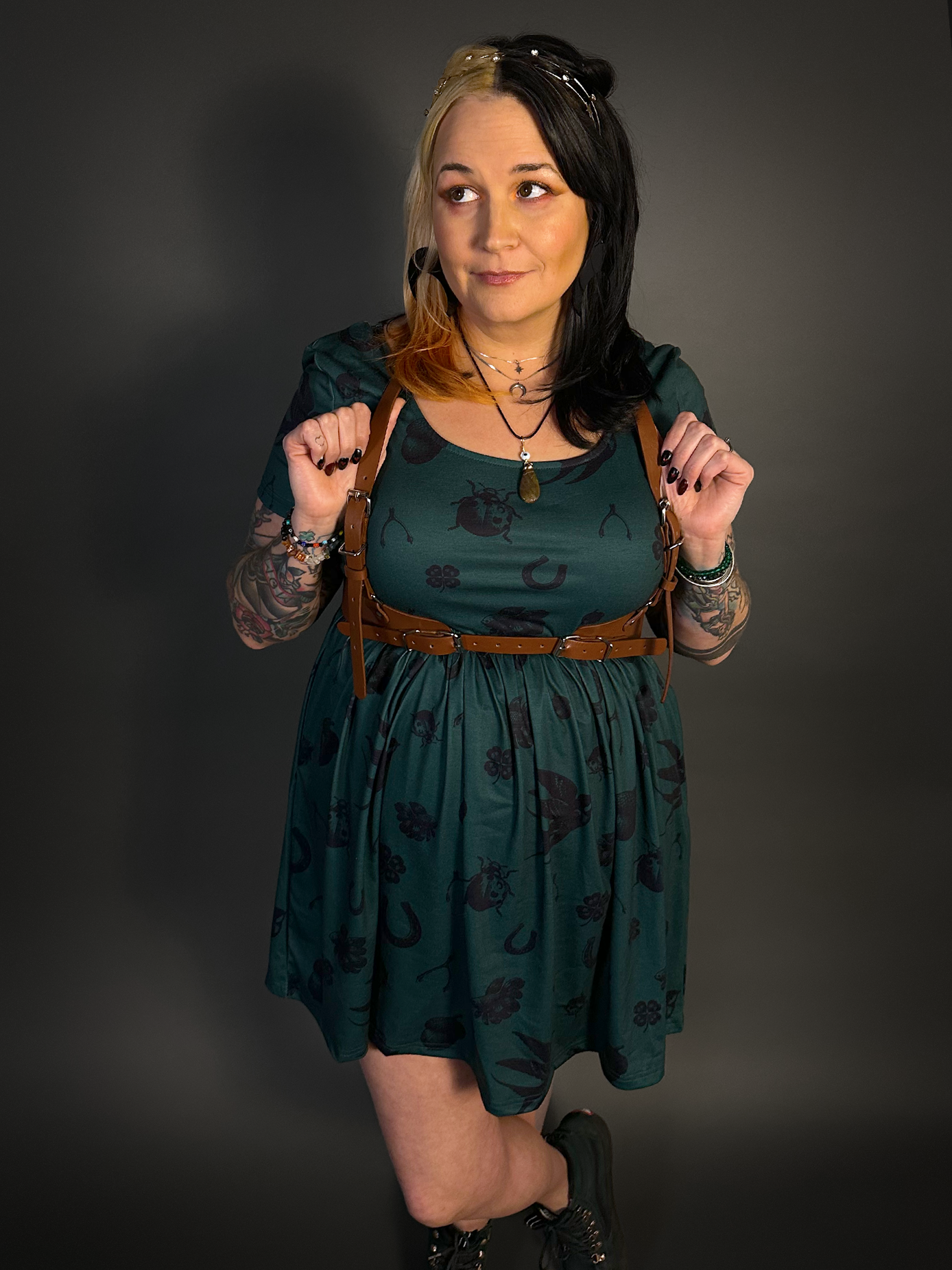 Outfit Set - Tommyrot "Lady Luck" Short Sleeve Skater Dress in Green & Classic Brown Harness Belt