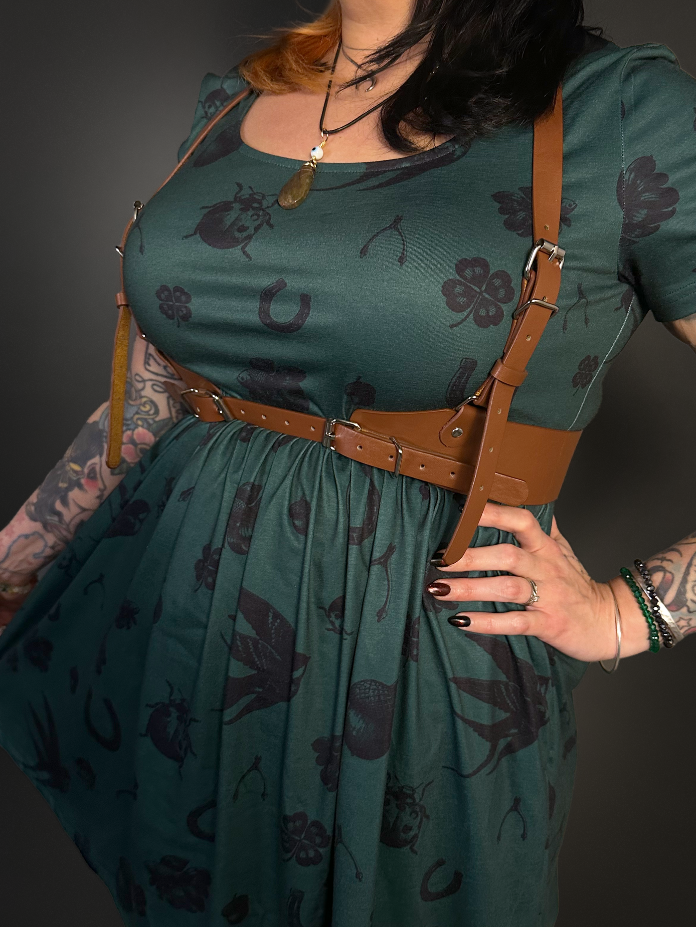 Outfit Set - Tommyrot "Lady Luck" Short Sleeve Skater Dress in Green & Classic Brown Harness Belt