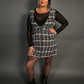 Outfit Set - Tweed Plaid Overall Mini Dress in Black/White & Sheer Round Neck Layering Top