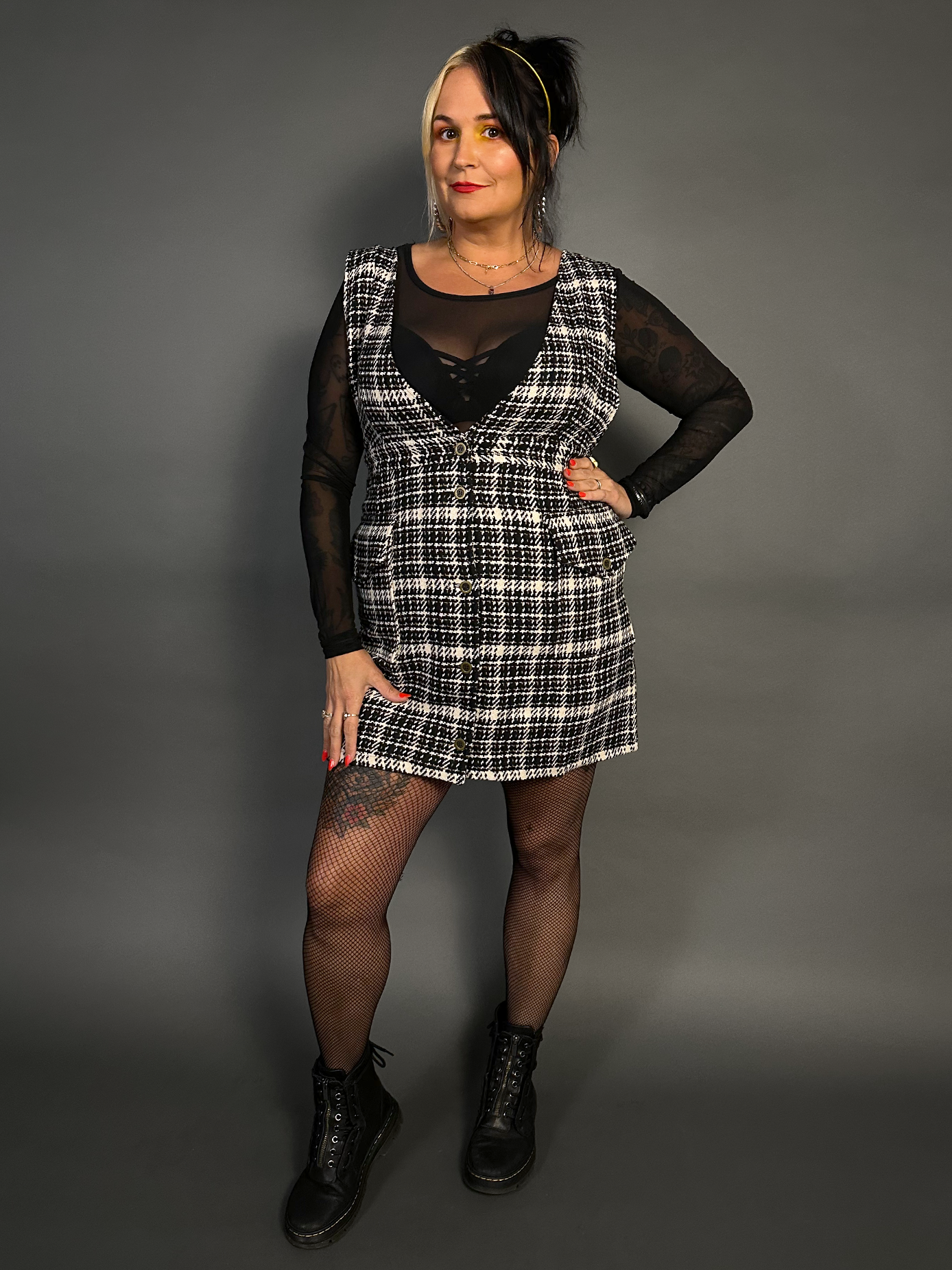 Outfit Set - Tweed Plaid Overall Mini Dress in Black/White & Sheer Round Neck Layering Top
