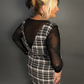 Outfit Set - Tweed Plaid Overall Mini Dress in Black/White & Sheer Round Neck Layering Top