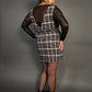 Outfit Set - Tweed Plaid Overall Mini Dress in Black/White & Sheer Round Neck Layering Top