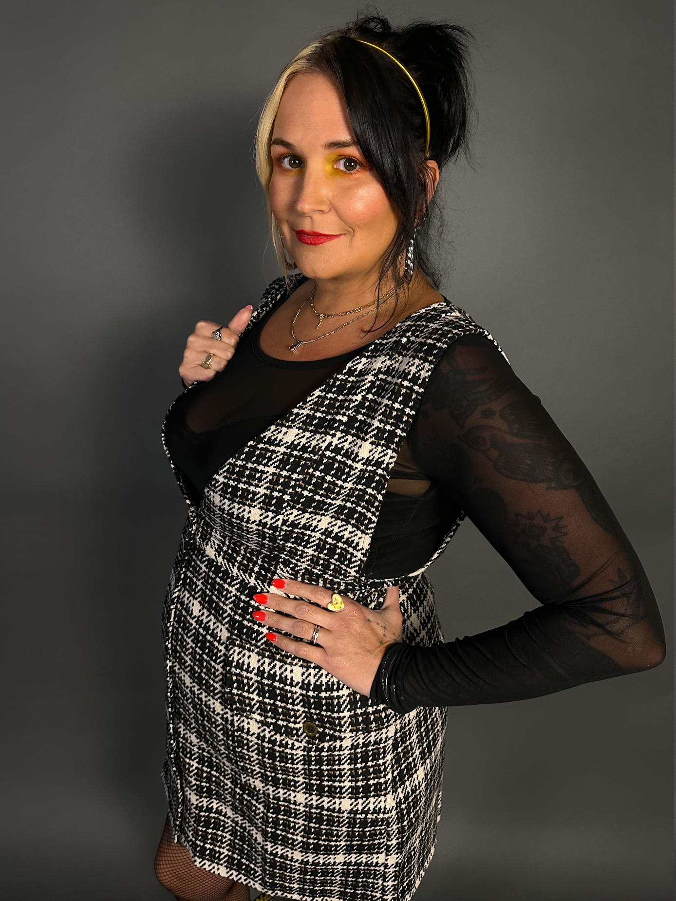 Outfit Set - Tweed Plaid Overall Mini Dress in Black/White & Sheer Round Neck Layering Top