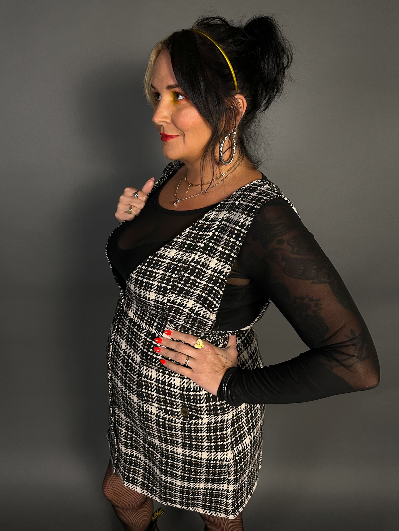 Outfit Set - Tweed Plaid Overall Mini Dress in Black/White & Sheer Round Neck Layering Top