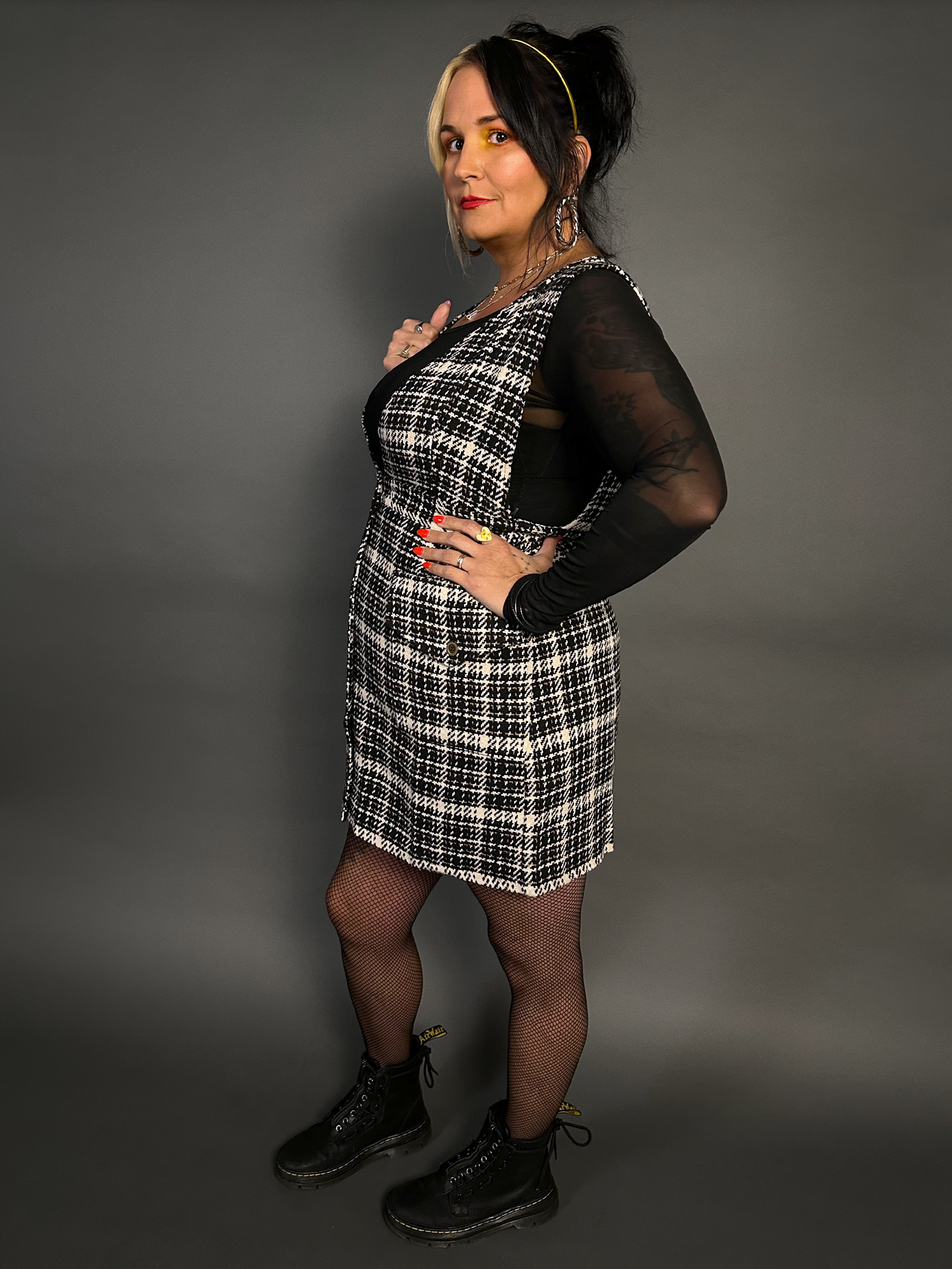 Outfit Set - Tweed Plaid Overall Mini Dress in Black/White & Sheer Round Neck Layering Top