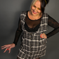 Outfit Set - Tweed Plaid Overall Mini Dress in Black/White & Sheer Round Neck Layering Top
