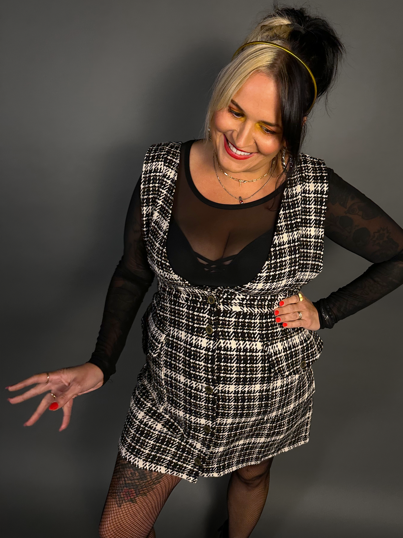 Outfit Set - Tweed Plaid Overall Mini Dress in Black/White & Sheer Round Neck Layering Top