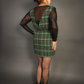 Outfit Set - Tweed Plaid Overall Mini Dress in Green & Sheer Round Neck Layering Top