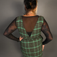 Outfit Set - Tweed Plaid Overall Mini Dress in Green & Sheer Round Neck Layering Top
