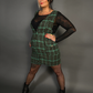 Outfit Set - Tweed Plaid Overall Mini Dress in Green & Sheer Round Neck Layering Top