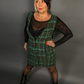 Outfit Set - Tweed Plaid Overall Mini Dress in Green & Sheer Round Neck Layering Top