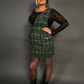 Outfit Set - Tweed Plaid Overall Mini Dress in Green & Sheer Round Neck Layering Top