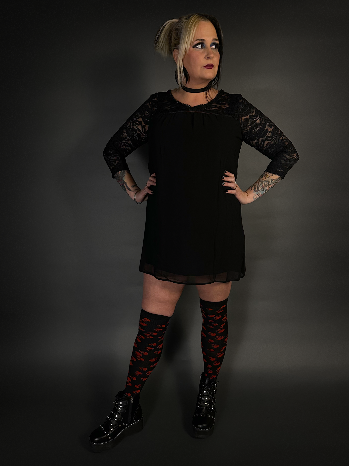 Outfit Set - V Neck Lace 3/4 Sleeve Mini Dress & Over The Knee Skull Socks Punk Style