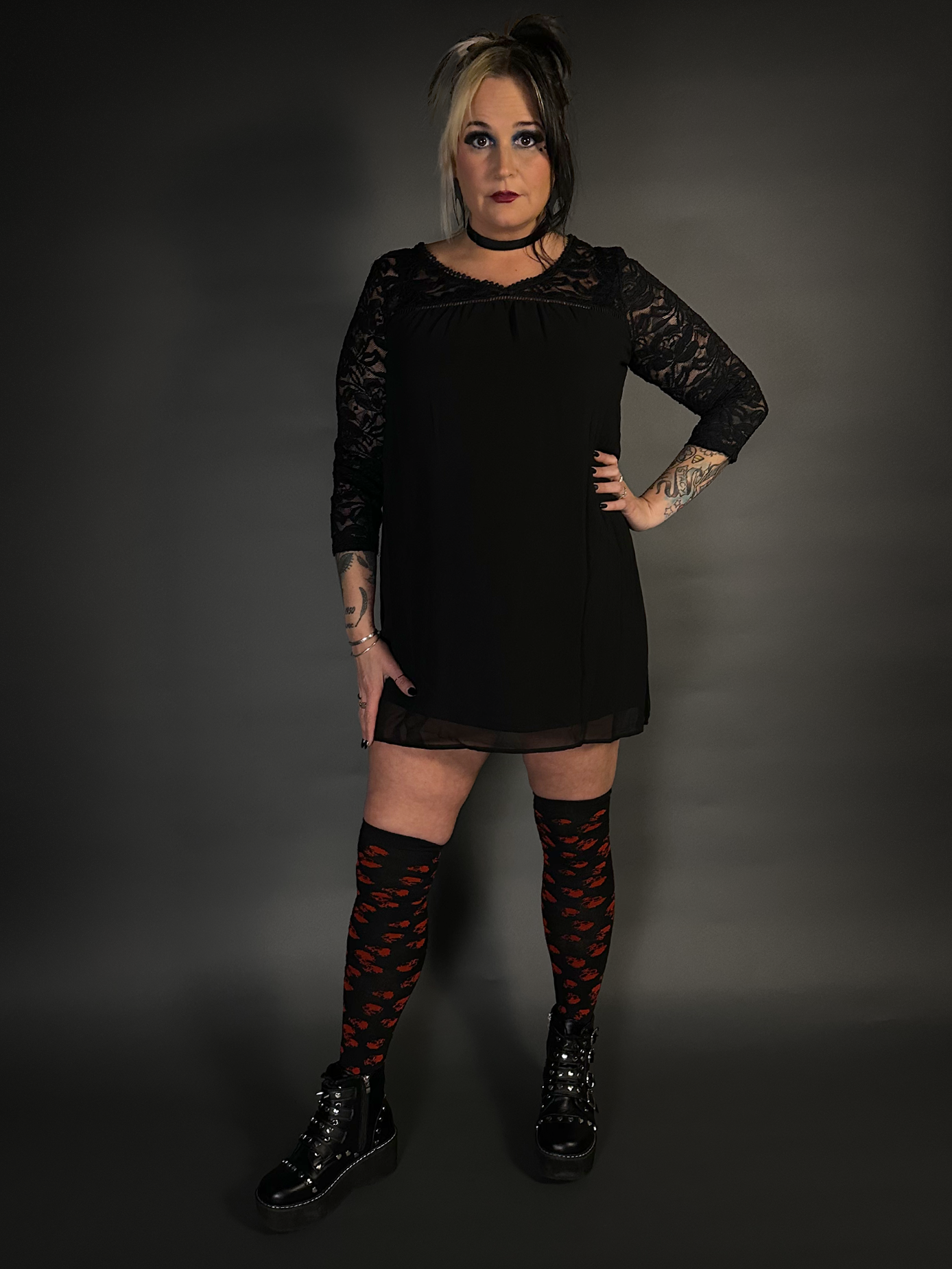 Outfit Set - V Neck Lace 3/4 Sleeve Mini Dress & Over The Knee Skull Socks Punk Style