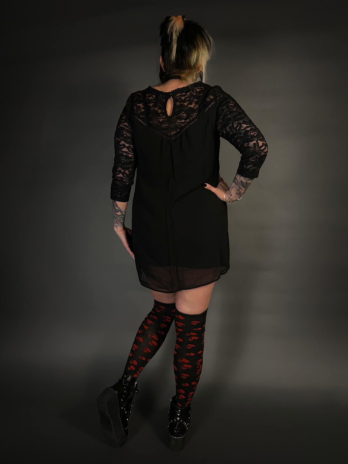 Outfit Set - V Neck Lace 3/4 Sleeve Mini Dress & Over The Knee Skull Socks Punk Style