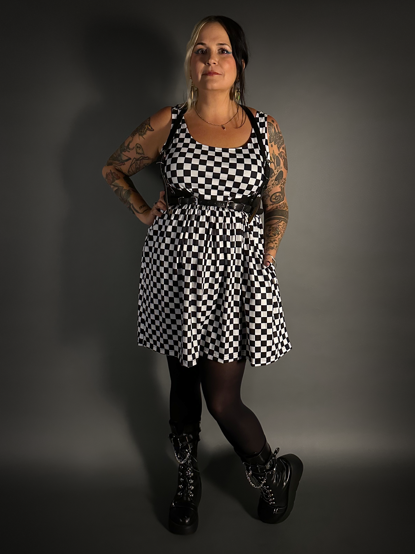 Outfit Set - Tommyrot Checkered Skater Dress & Classic Black Shoulder Harness Belt