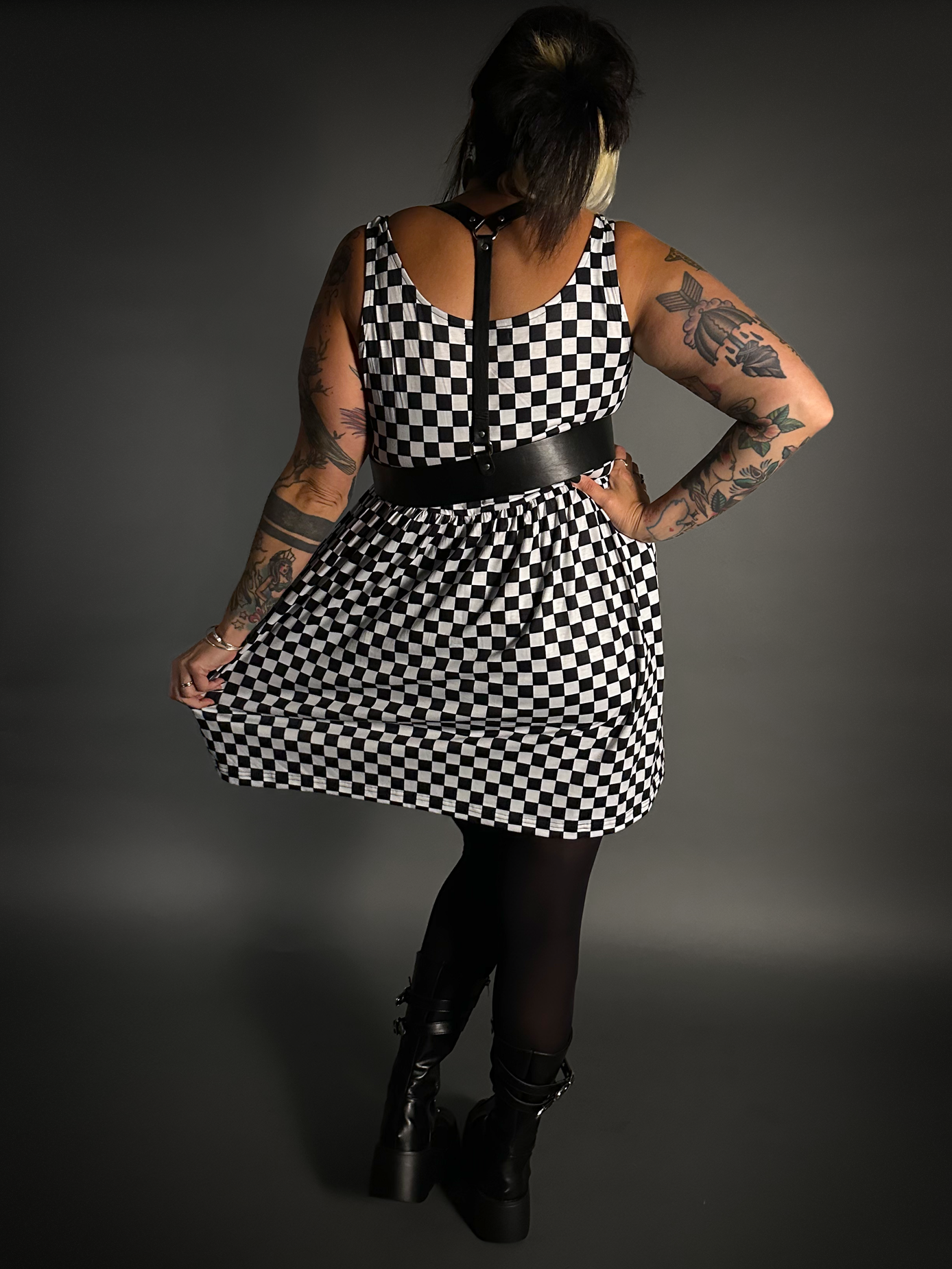 Outfit Set - Tommyrot Checkered Skater Dress & Classic Black Shoulder Harness Belt