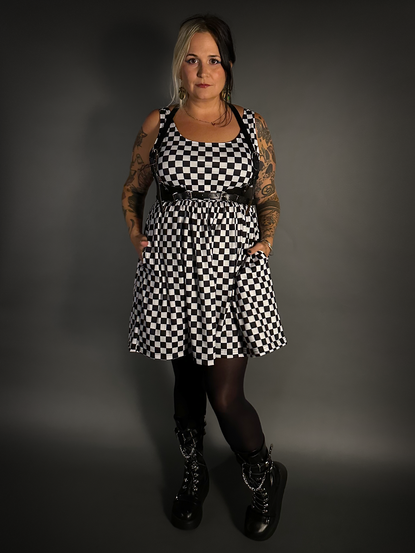 Outfit Set - Tommyrot Checkered Skater Dress & Classic Black Shoulder Harness Belt