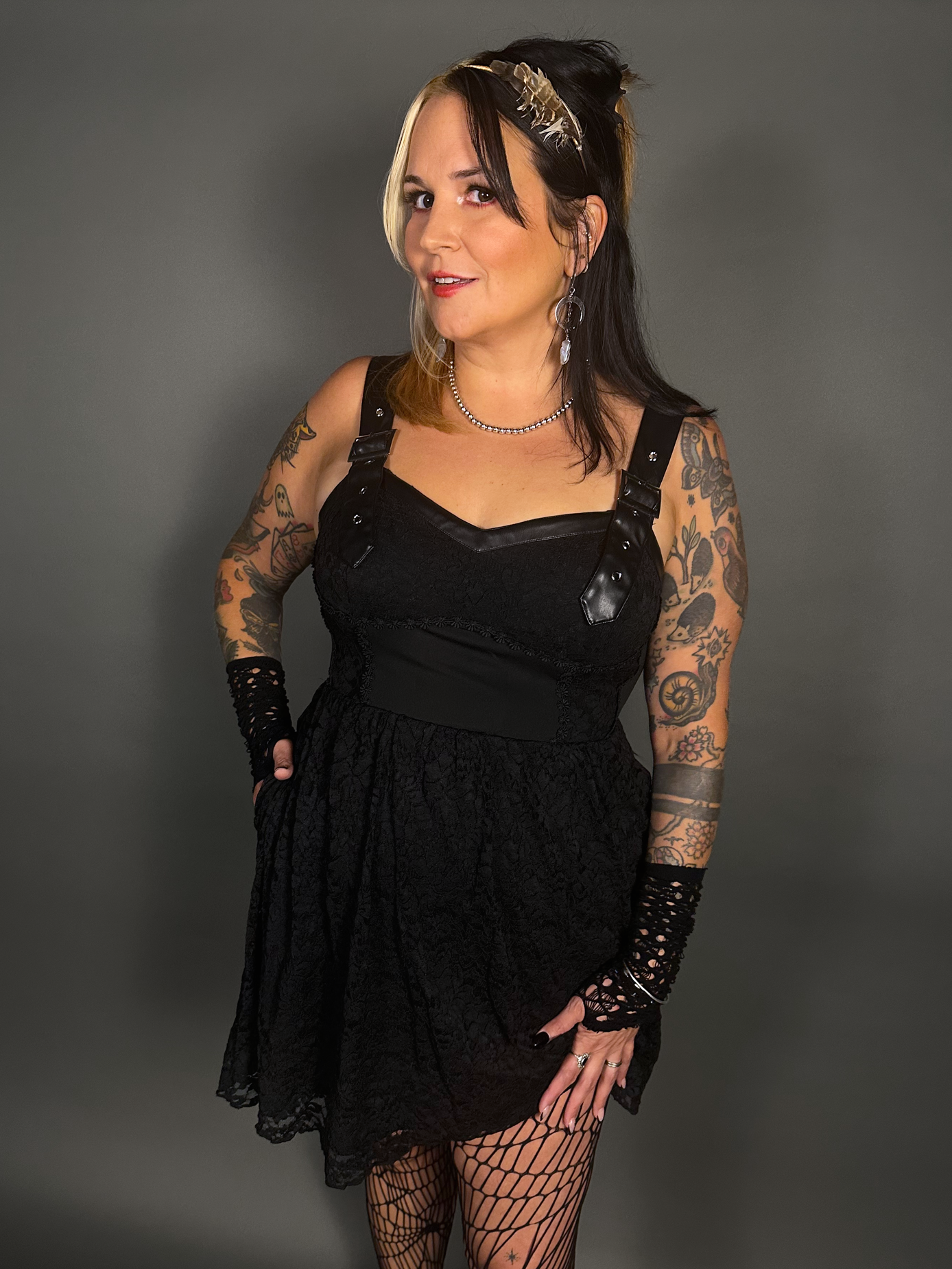 Outfit Set -Tommyrot Corset Dress w/ Faux Leather Straps & Spiderweb Tights by Pamela Mann