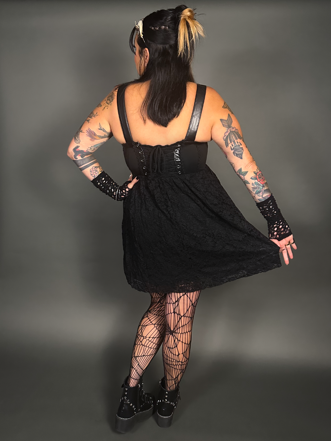 Outfit Set -Tommyrot Corset Dress w/ Faux Leather Straps & Spiderweb Tights by Pamela Mann