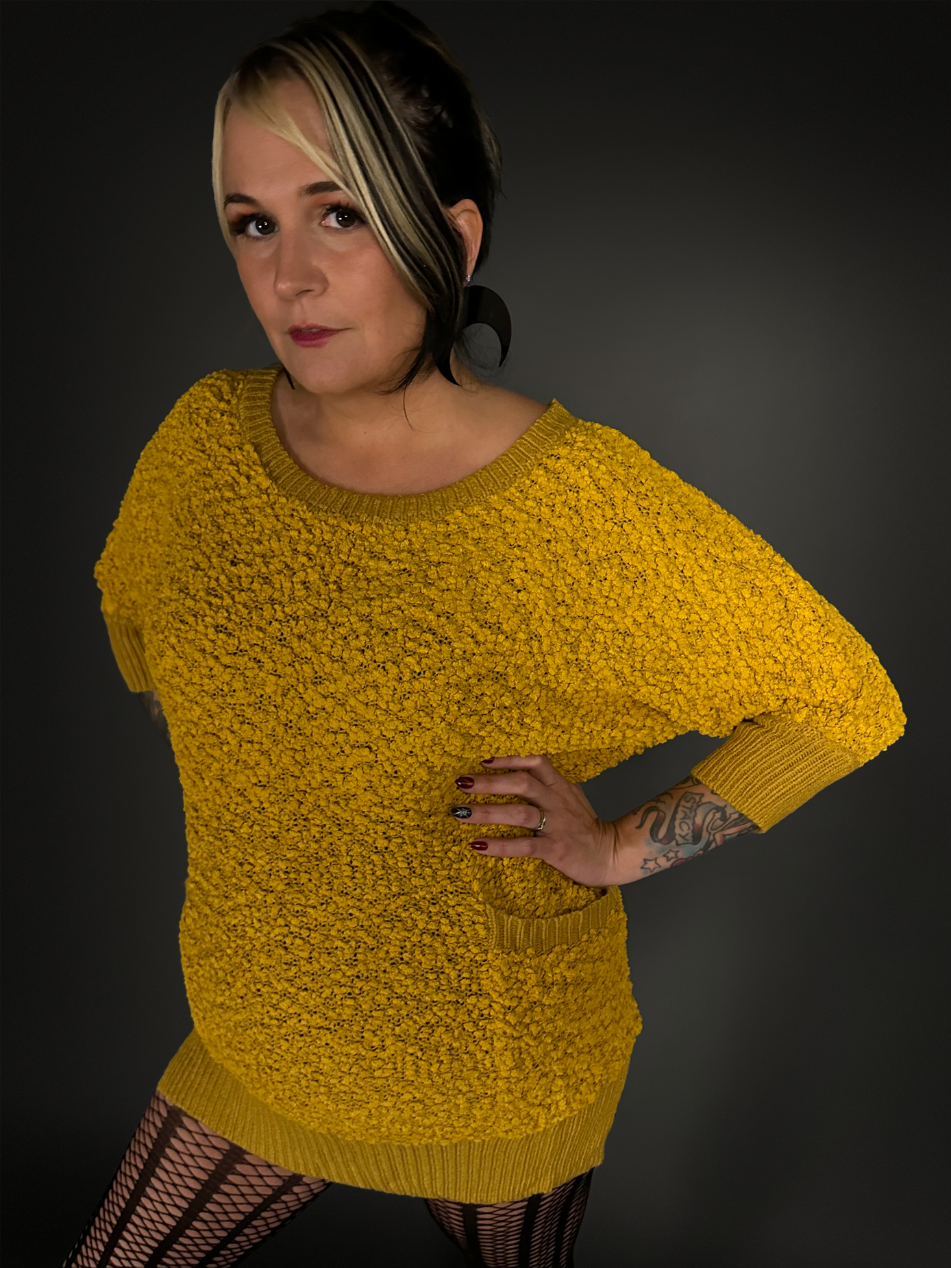 Outfit Set - Fuzzy Mustard Yellow Sweater Dress & Vertical Stripe Tights Indie / Mod