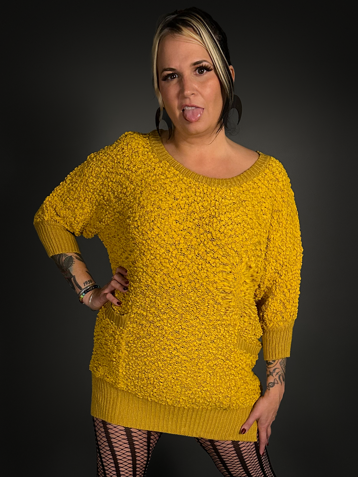 Outfit Set - Fuzzy Mustard Yellow Sweater Dress & Vertical Stripe Tights Indie / Mod