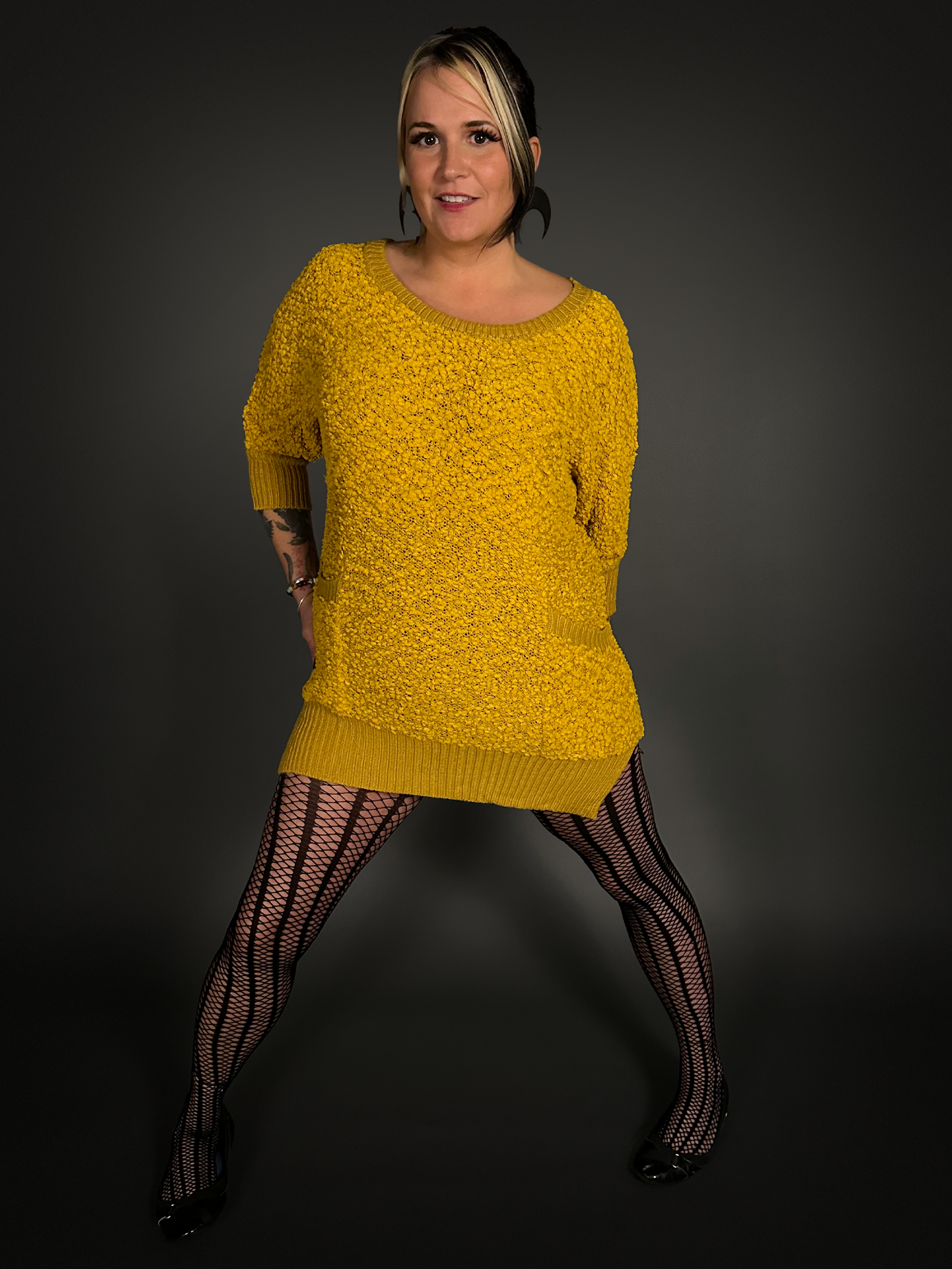 Outfit Set - Fuzzy Mustard Yellow Sweater Dress & Vertical Stripe Tights Indie / Mod