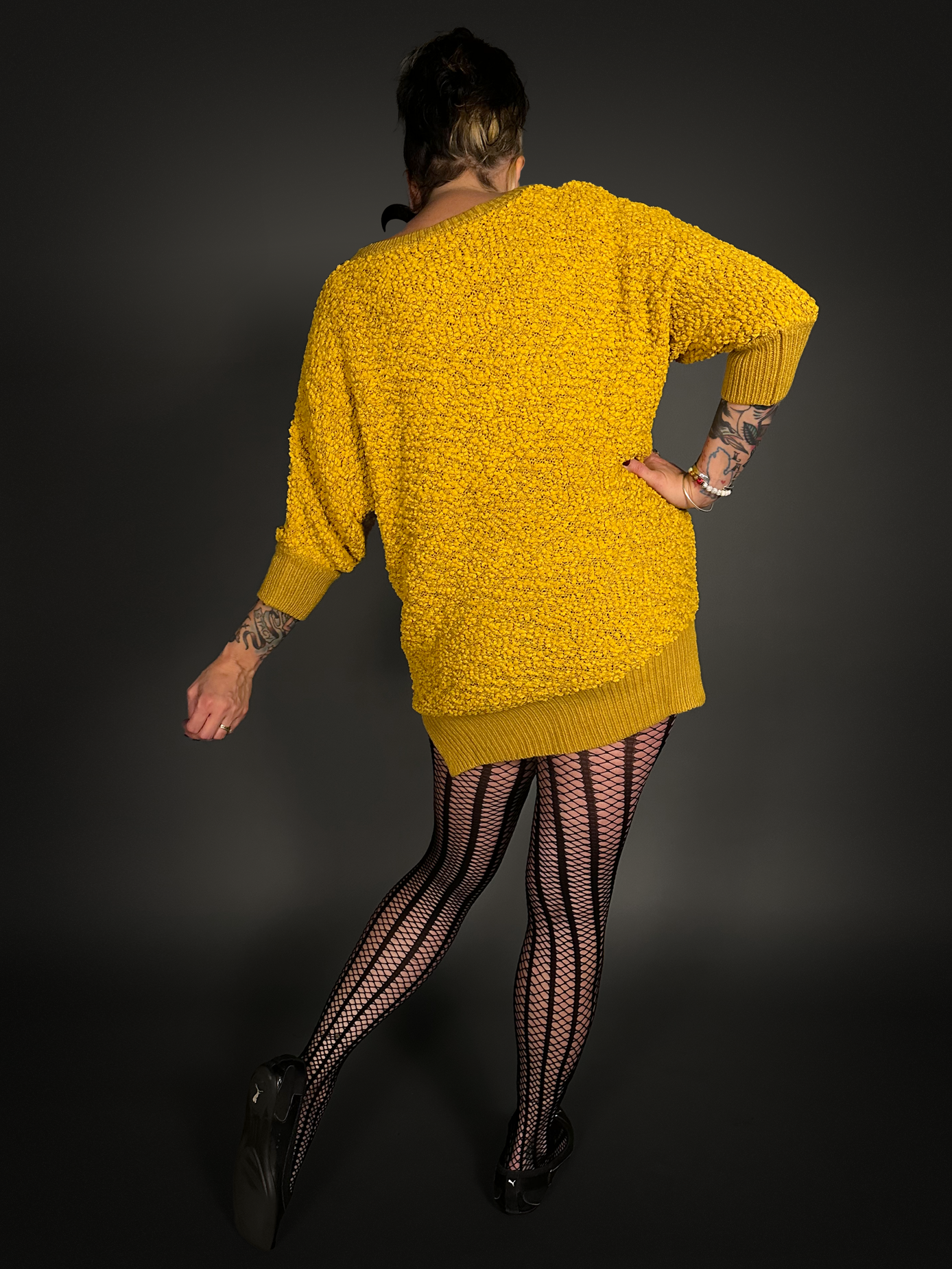 Outfit Set - Fuzzy Mustard Yellow Sweater Dress & Vertical Stripe Tights Indie / Mod