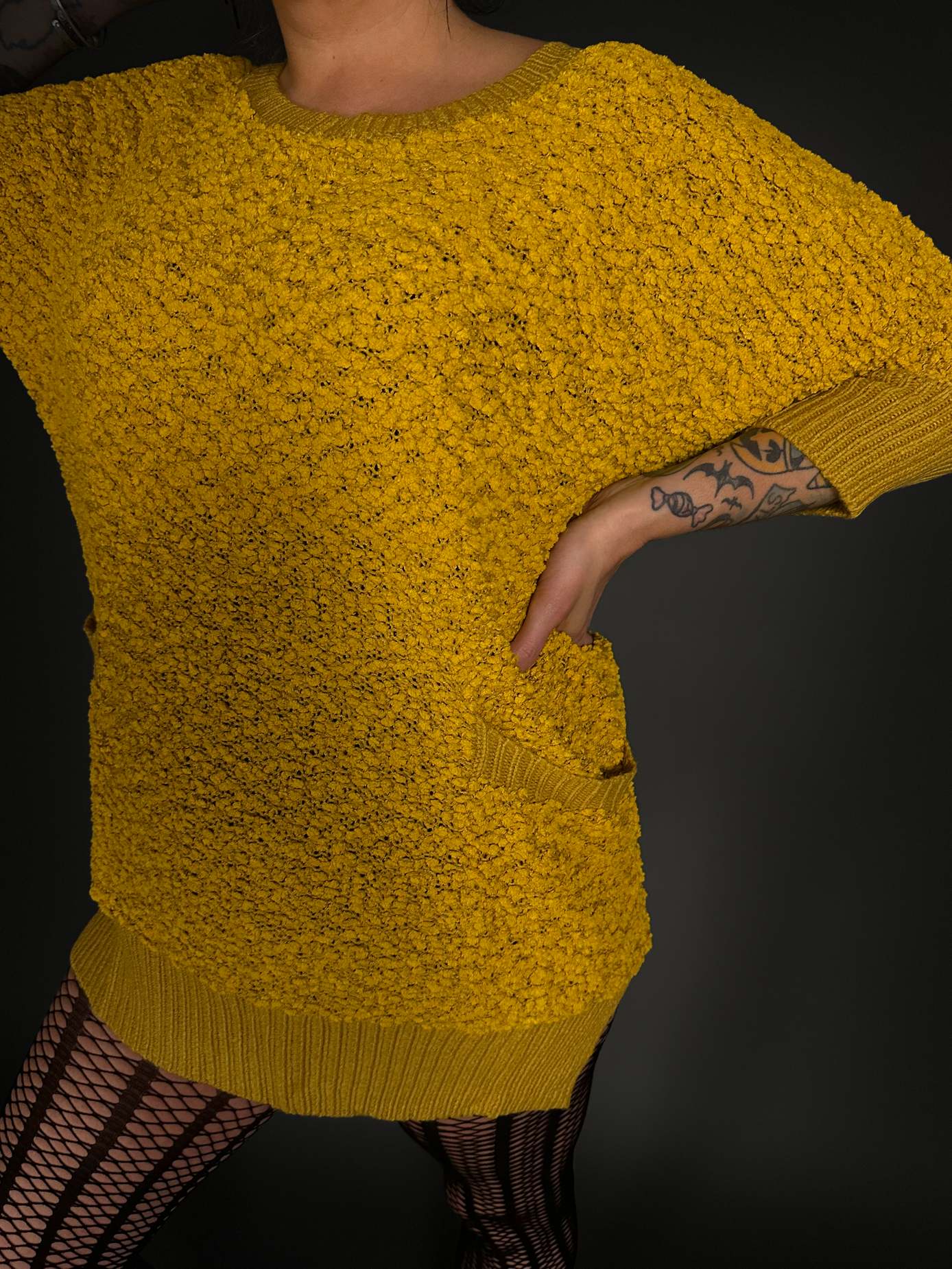 Outfit Set - Fuzzy Mustard Yellow Sweater Dress & Vertical Stripe Tights Indie / Mod