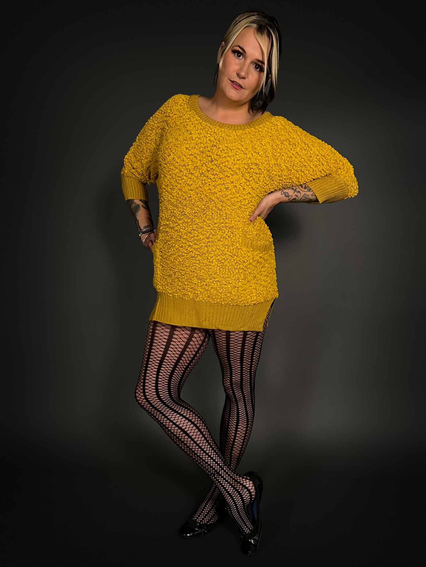 Outfit Set - Fuzzy Mustard Yellow Sweater Dress & Vertical Stripe Tights Indie / Mod