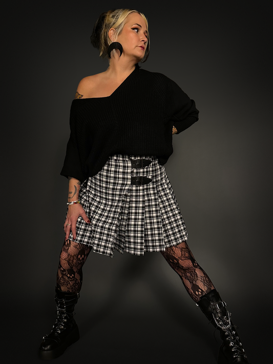 Outfit Set - Plaid Skirt with Black Front Straps & Oversized Dolman Sleeve Off-Shoulder Sweater