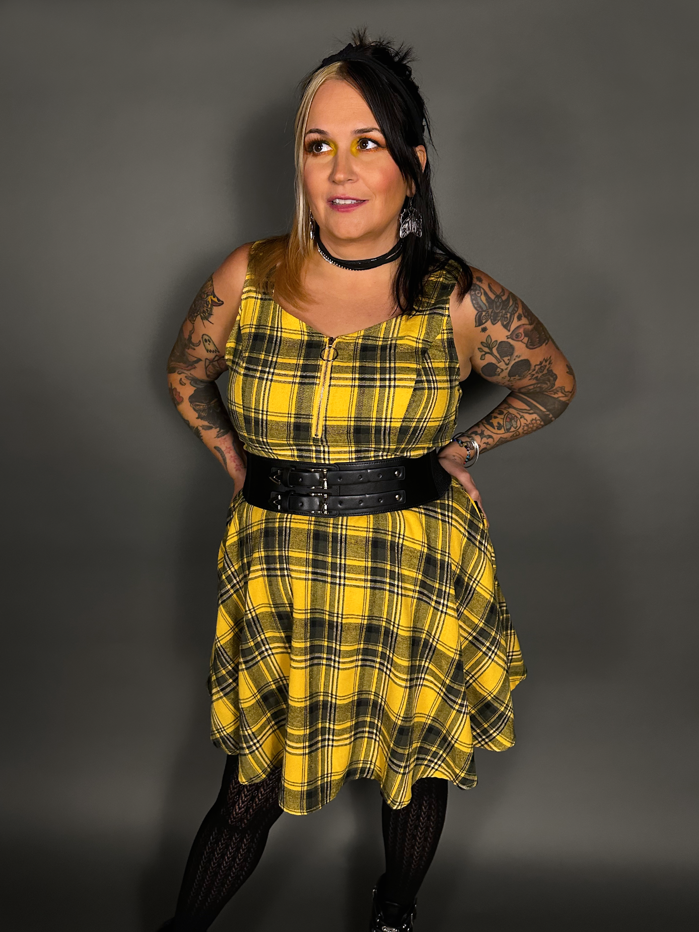 Outfit Set - Tommyrot Mustard Yellow Plaid Mini Swing Dress & Two Buckle Corset Belt