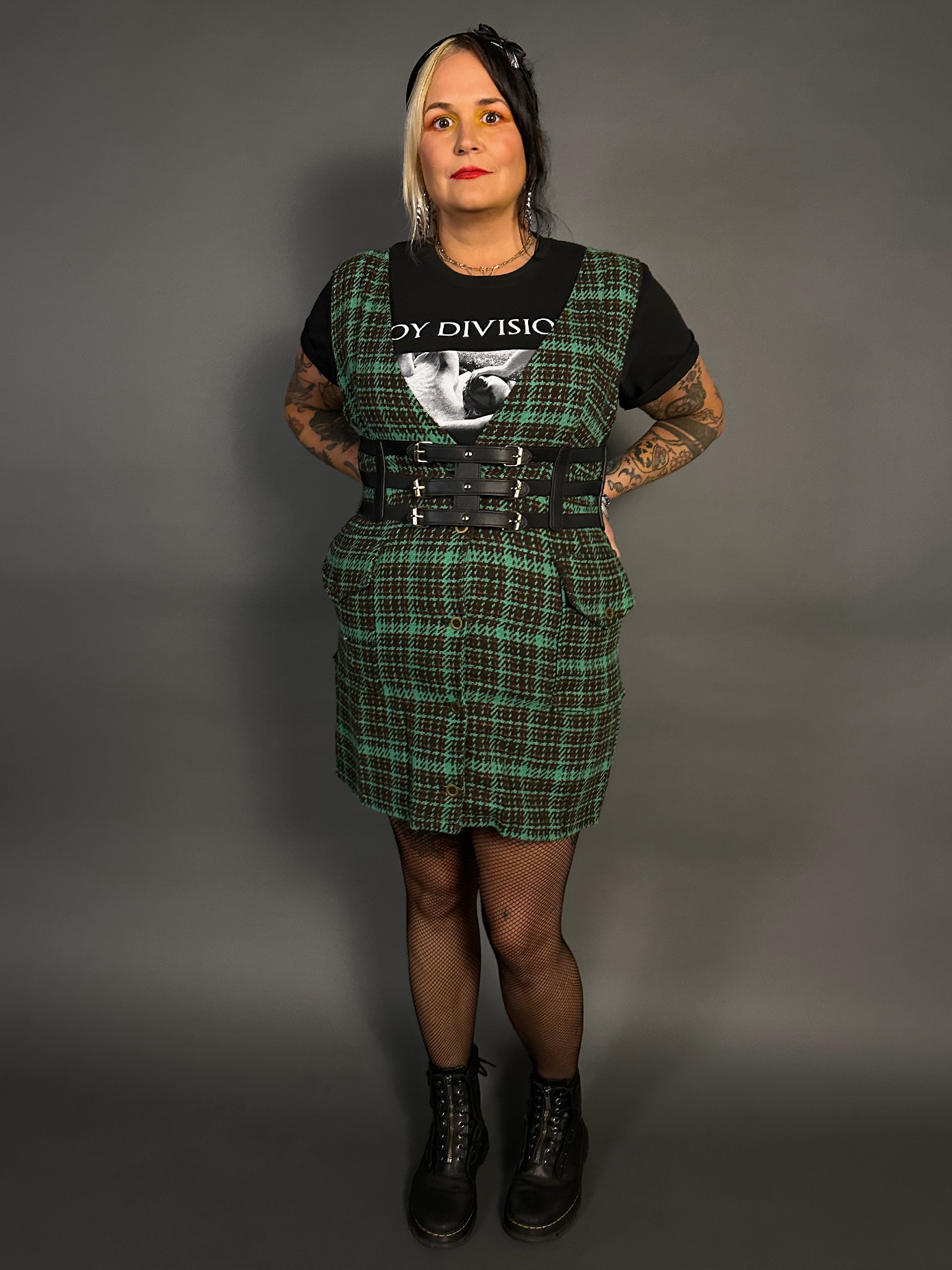 Outfit Set - Tweed Plaid Overall Mini Dress in Green & Three Buckle Corset Belt 3X / Plus Outfit Set - Tweed Plaid Overall Mini Dress in Green & Three Buckle Corset Belt 3X / Plus