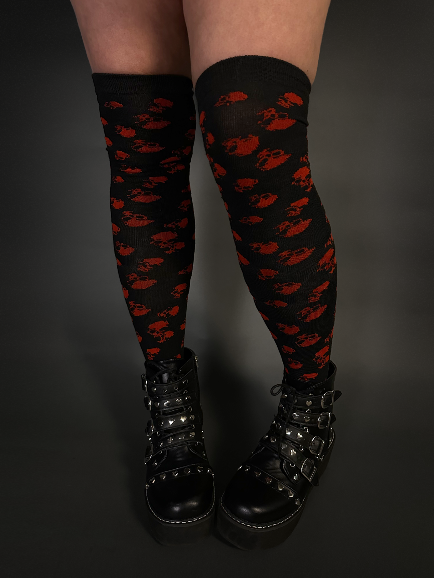 Over The Knee Black & Red Skull Socks by Pamela Mann