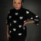 Oversized Black Crew Neck Sweater with White Hearts