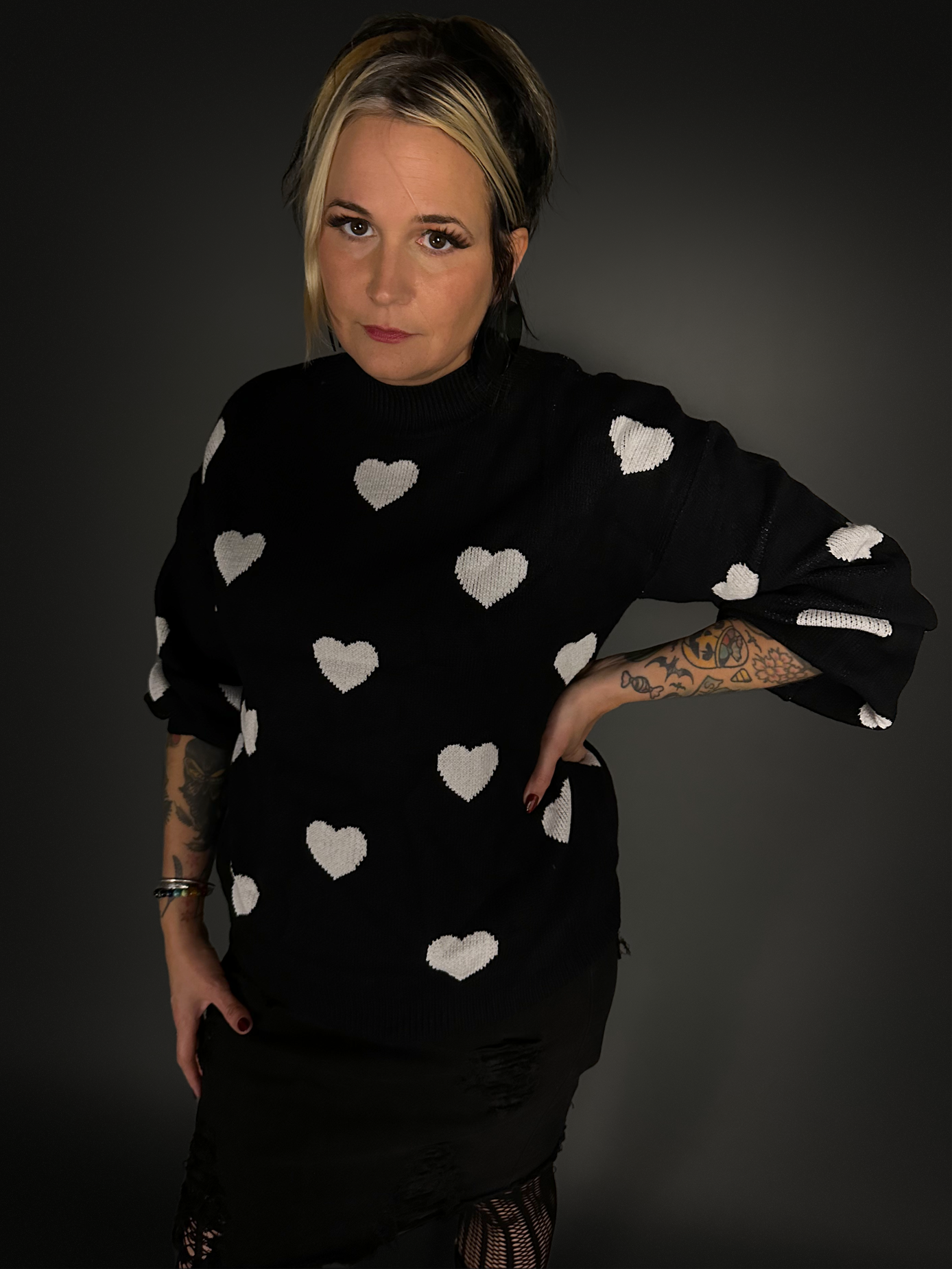 Oversized Black Crew Neck Sweater with White Hearts